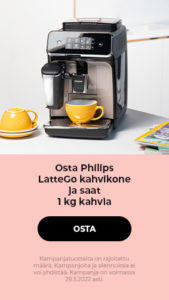 Osta asiakkaidemme suosikki kahvikone Philips LatteGo ja saat 1 kg kahvia
