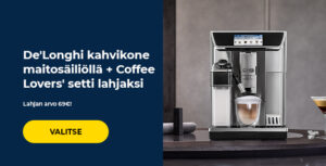 De'Longhi kahvikone maitosäiliöllä + Coffee Lovers' setti lahjaksi
