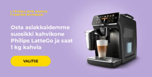 Osta asiakkaidemme suosikki kahvikone Philips LatteGo ja saat 1 kg kahvia