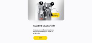 "Saat 50€ lahjakortin!!! Ostaessasi puoliautomaattisen kahvikoneen hintaan 400€ tai enemmän"