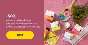 -50 % toisesta pakkauksesta CHiATO-kahvikapseleita, ja LAHJA ostaessasi 4 pakkausta