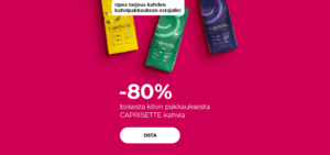 "Upea tarjous kahden kahvipakkauksen ostajalle! -80 % toisesta kilon pakkauksesta CAPRISETTE-kahvia"