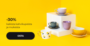 -30 % kaikista kahvikupeista ja mukeista