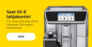 "Saat 50 € lahjakortin! Kun ostat vähintään 500 € maksavan De'Longhin kahvikoneen."