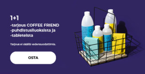 1+1-tarjous COFFEE FRIEND -puhdistusliuoksista ja -tableteista